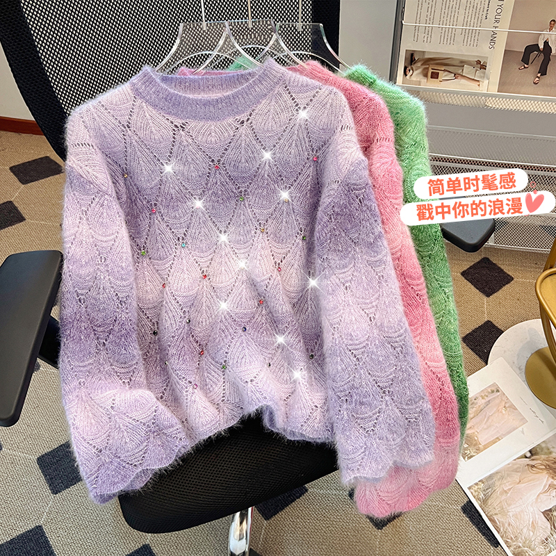 慵懒风镂空圆领毛衣女2025秋冬新款长袖减龄百搭针织衫上衣，女装针织衫/毛衣，衣嘉衣服饰