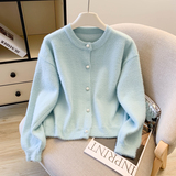 纯色加厚仿水貂绒珍珠扣针织毛衣外套女上衣毛绒针织衫，女装针织衫/毛衣，衣嘉衣服饰