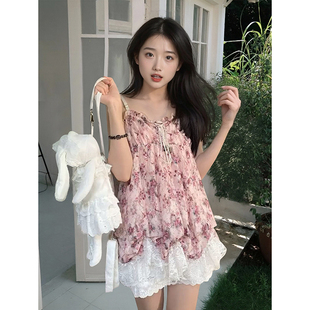 古早vintage日系碎花裙蕾丝花柄收腰系带花苞连衣裙 古着系甜妹