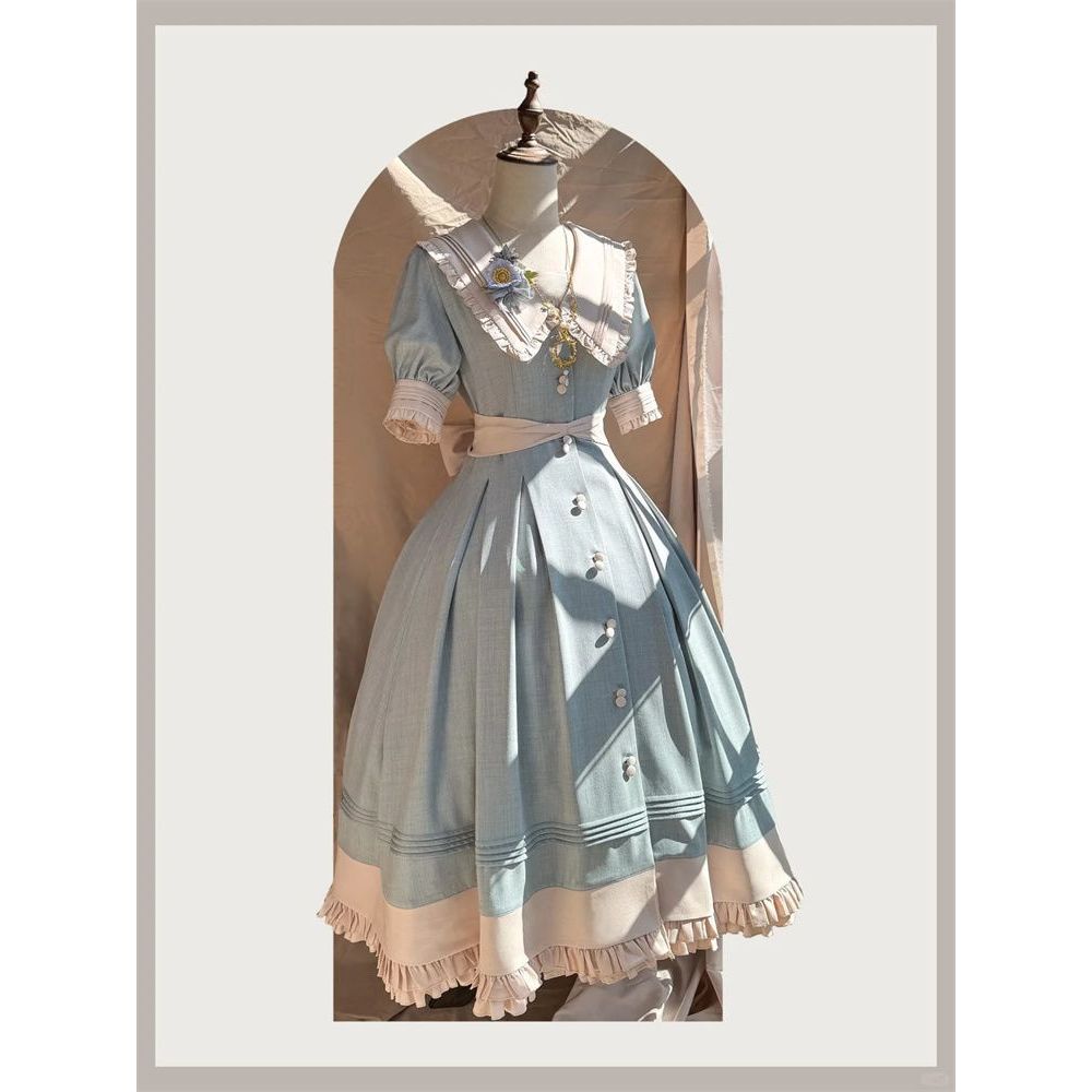 忒修斯之船气质收腰别致感撞色清新感裙子女日系减龄森系连衣裙夏