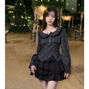 #夜莺#doll感甜酷娃娃领长袖格子挂脖上衣衬衫+半裙两件套装2025