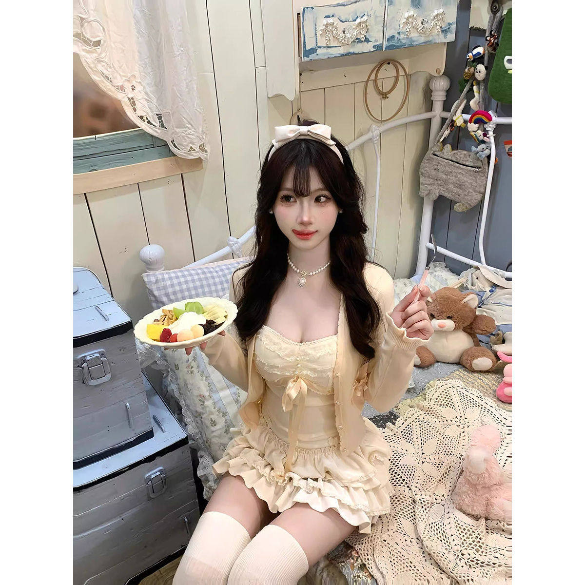 软糯甜美蝴蝶结抹胸吊带开春新款针织开衫蕾丝拼接蓬蓬蛋糕裙套装,女装/女士精品,时尚套装,淘宝优惠券,粉丝福利购,淘宝优惠卷