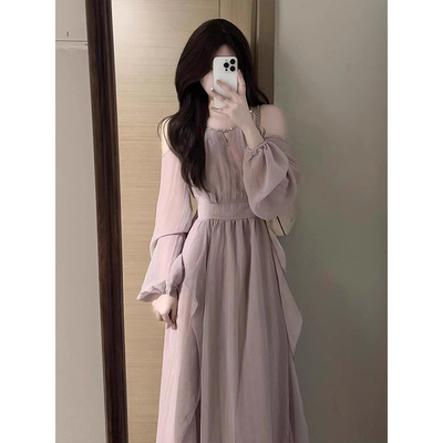 荷叶边露肩泡泡袖雪纺连衣裙女