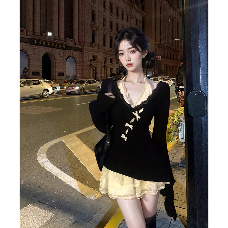 2025年秋冬纯欲风收腰显瘦针织罩衫蕾丝内搭连衣裙气质甜美两件套