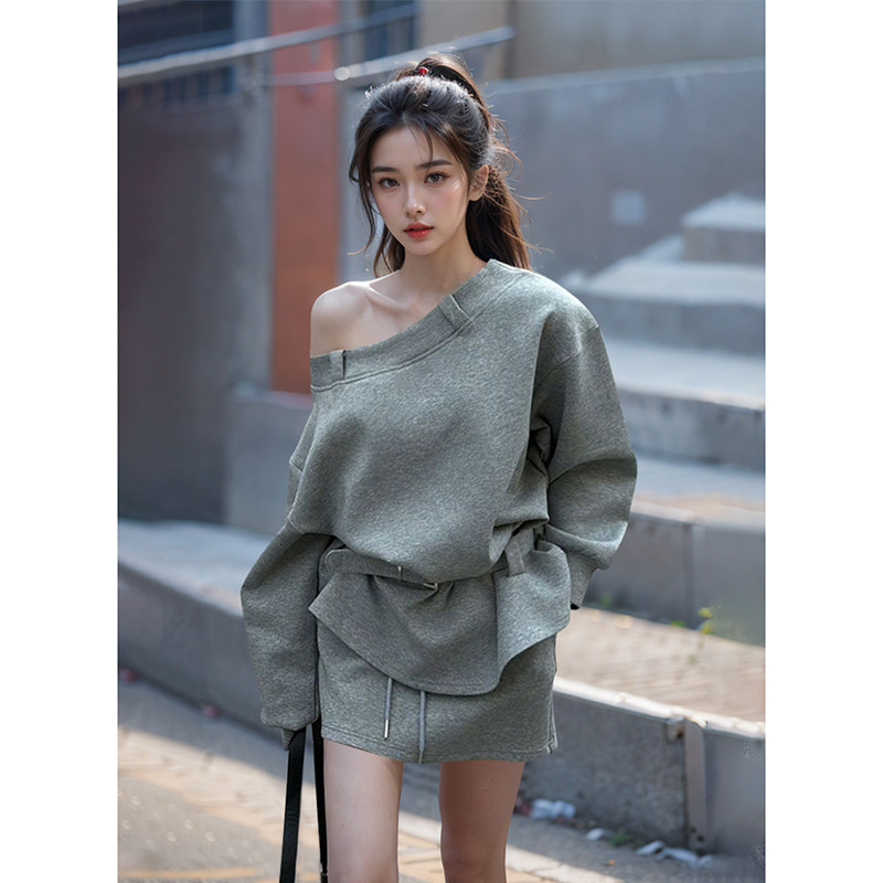 韩系休闲运动风套装女春季2025新款斜肩宽松收腰卫衣+短裙两件套,女装/女士精品,时尚套装,淘宝优惠券,粉丝福利购,淘宝优惠卷