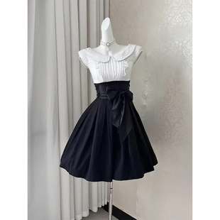 法式娃娃领黑白拼接花苞连衣裙女夏季2025新款收腰显瘦蓬蓬短裙子