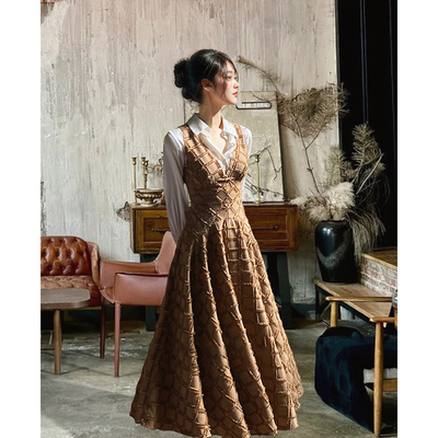 巴黎旧梦 法式v领华夫格连衣裙衬衫套装复古优雅收腰显瘦两件套女