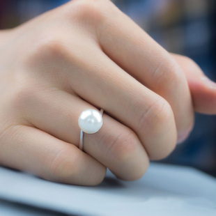 简约珍珠圆珠托戒托s925纯银DIY女款空托戒指托活口未镶嵌9-11mm
