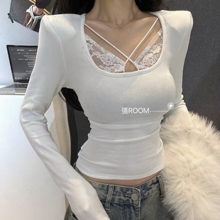 修身 张ROOM冬季 打底衫 方领蕾丝拼接长袖 显瘦纯欲加绒垫肩上衣 新款