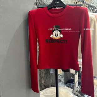 打底衫 百搭圆领卡通印花垫肩上衣磨毛修身 韩版 小时代秋冬2025新款