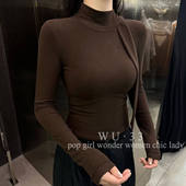 WU33秋冬2025新款 洋气上衣 显瘦打底衫 设计感半高领绑带女长袖 修身