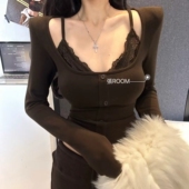 新款 性感蕾丝拼接假两件长袖 打底衫 张ROOM冬季 修身 设计感加绒上衣