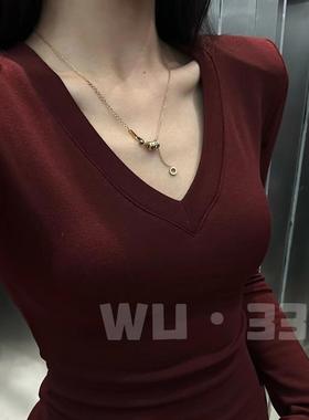 wu33秋冬加绒新款百搭V领袖收腰打底衫性感纯欲修身显瘦垫肩上衣