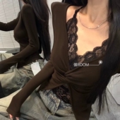 张ROMM冬季 加绒上衣扭结设计感打底衫 新款 蕾丝拼接假两件V领长袖