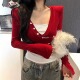 修身 张ROOM新款 V领纽扣撞色拼接假两件打底衫 显瘦垫肩磨毛上衣潮