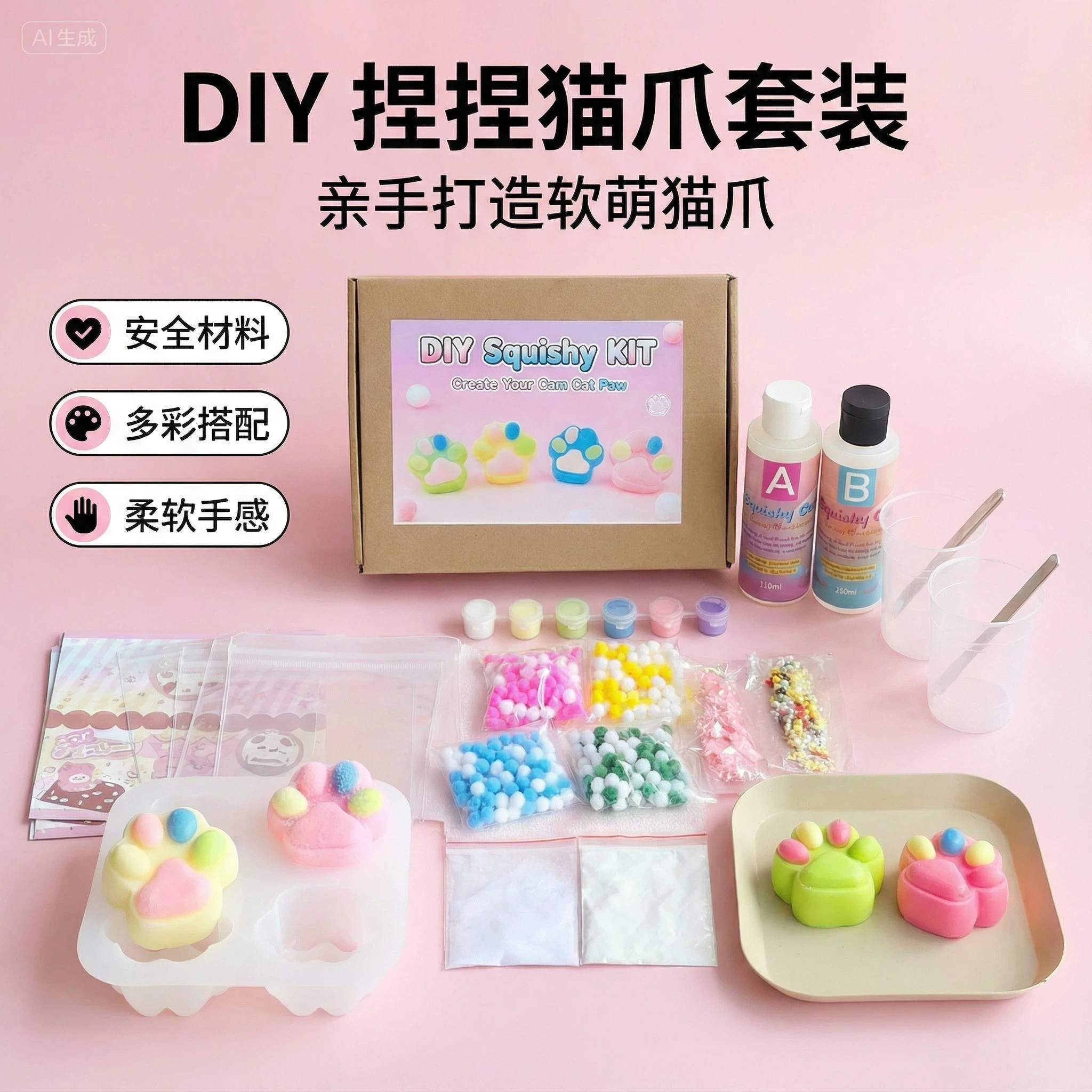 捏捏diy材料包猫爪ab硅胶套装手工女孩捏捏减压玩具自制硅胶模具