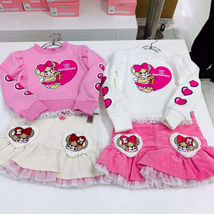 现货 EarthMagic EM 同款女童儿童装刺绣爱心小熊棉卫衣短裙套装