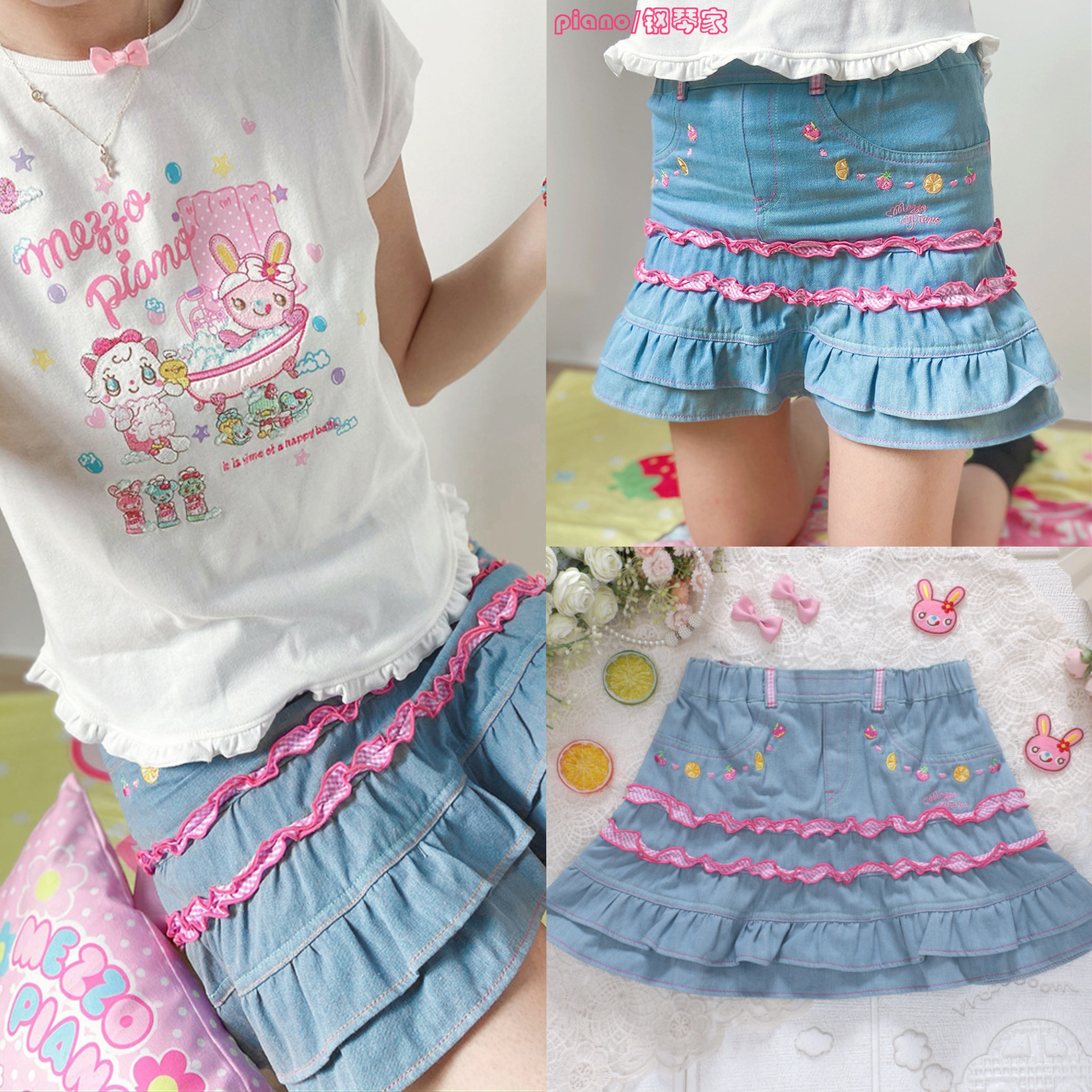 日系可爱mp钢琴家女儿服女童装卡通刺绣水果花边牛仔半身裙短裙
