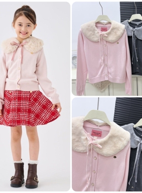 现货 日系贵牌KS儿童装女童秋冬长袖毛毛领开衫外套棉毛衣