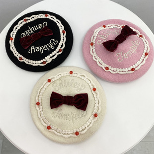 现货 Shirley temple st 同款儿童女童刺绣蝴蝶结花边贝雷帽画家