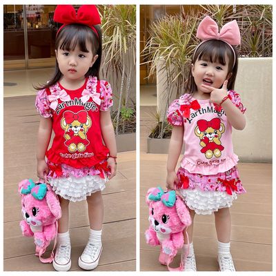 夏纯棉卡通蝴蝶结花边女童装短袖