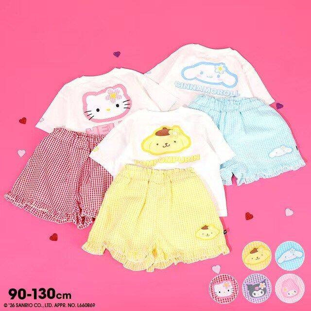 日系卡通女童装儿童可爱短袖短裤两件套装刺绣印花格纹裤SANRIO