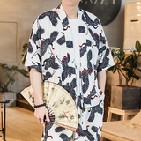 2023夏大码拼接道袍风汉服棉麻落肩五分袖开衫T恤F03/P45，男装风衣，钱塘713