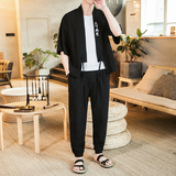 2023夏季风男棉麻亚麻短袖T恤七分袖长裤（套装）TZ05/P100，男装休闲套装，钱塘713