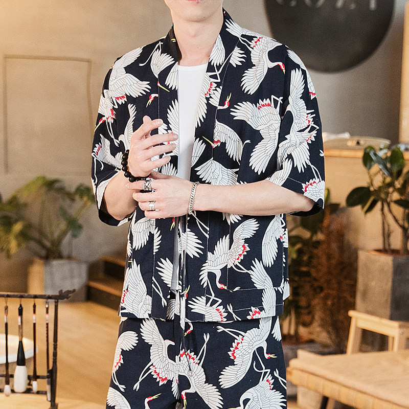 2023夏大码拼接道袍风汉服棉麻落肩五分袖开衫T恤F03/P45,男装风衣,钱塘713