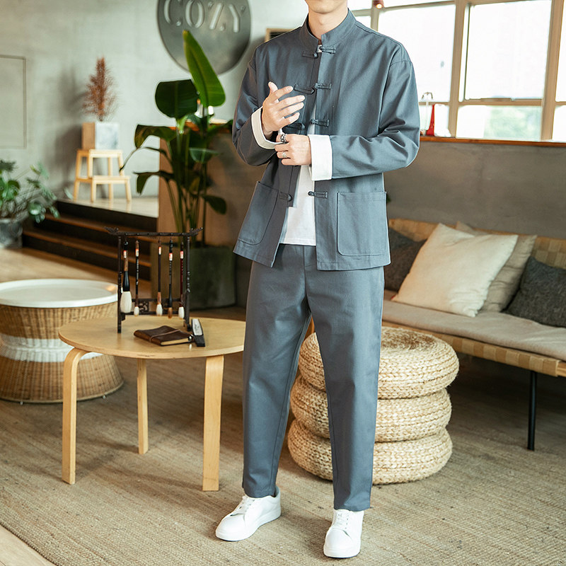 风秋装复古盘扣休闲居士服唐装夹克裤子套装男情侣TZ06/，男装套装，钱塘713
