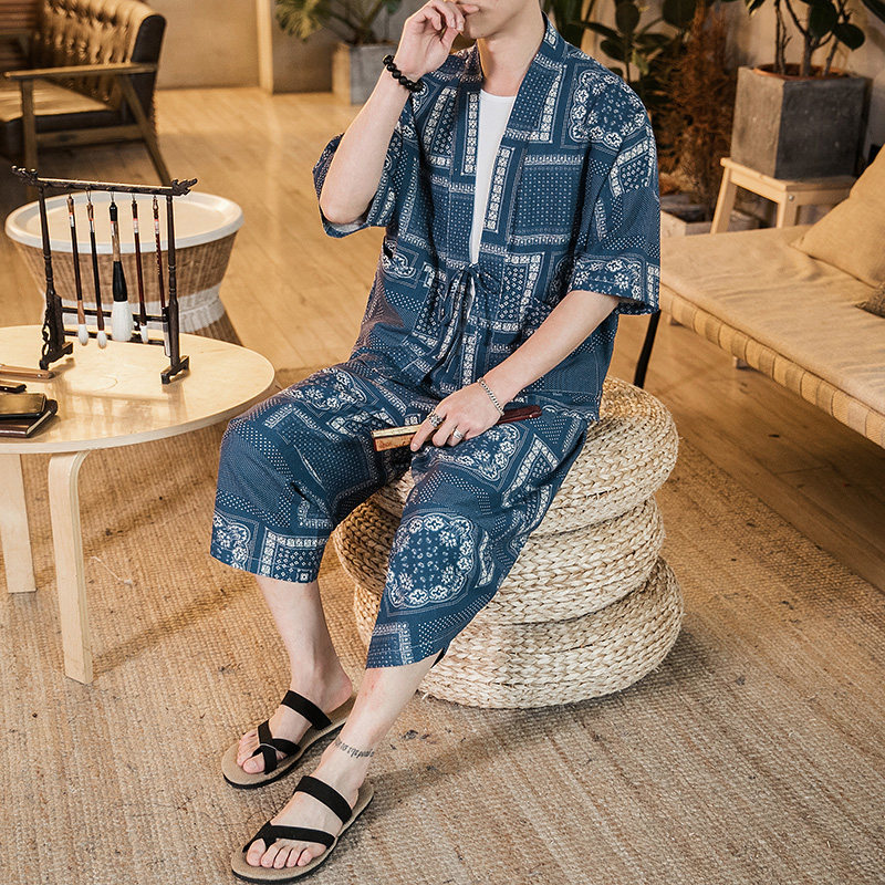 大码夏季棉麻短袖男风亚麻半袖T恤潮班服套装TZ04/P85控115,男装休闲套装,钱塘713