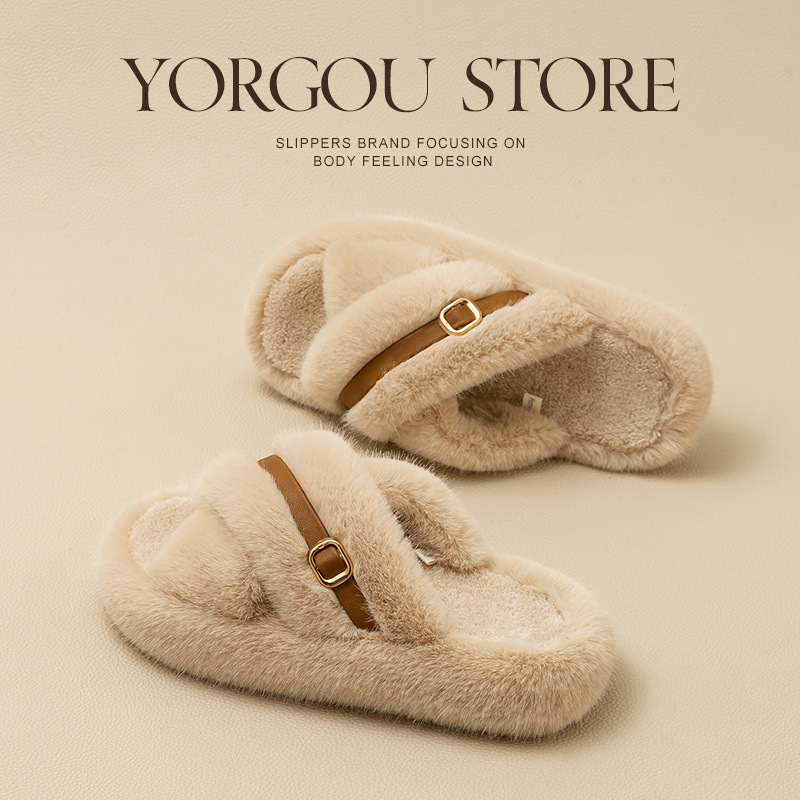 远港艾草毛毛拖鞋女2024新款秋冬季防滑室牛筋底毛绒保暖可外穿