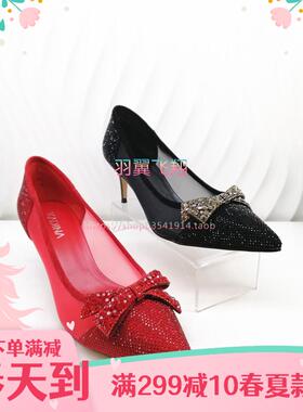卡迪娜断码春夏季细高跟尖头烫钻蝴蝶结大红色网纱女单鞋KS93507