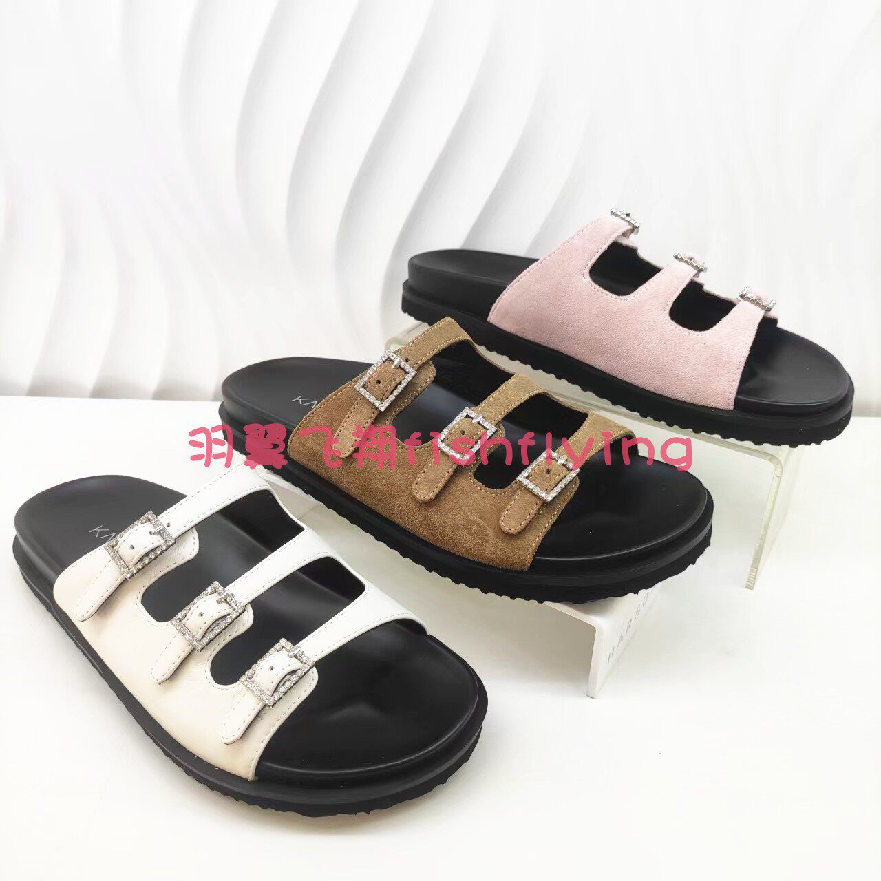 KM257003卡迪娜专柜正品2025夏季新款平底皮带扣水钻女凉皮拖鞋