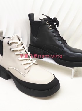 HA234401哈森专柜正品23秋冬季粗方跟厚底系带黑白女短靴筒马丁靴