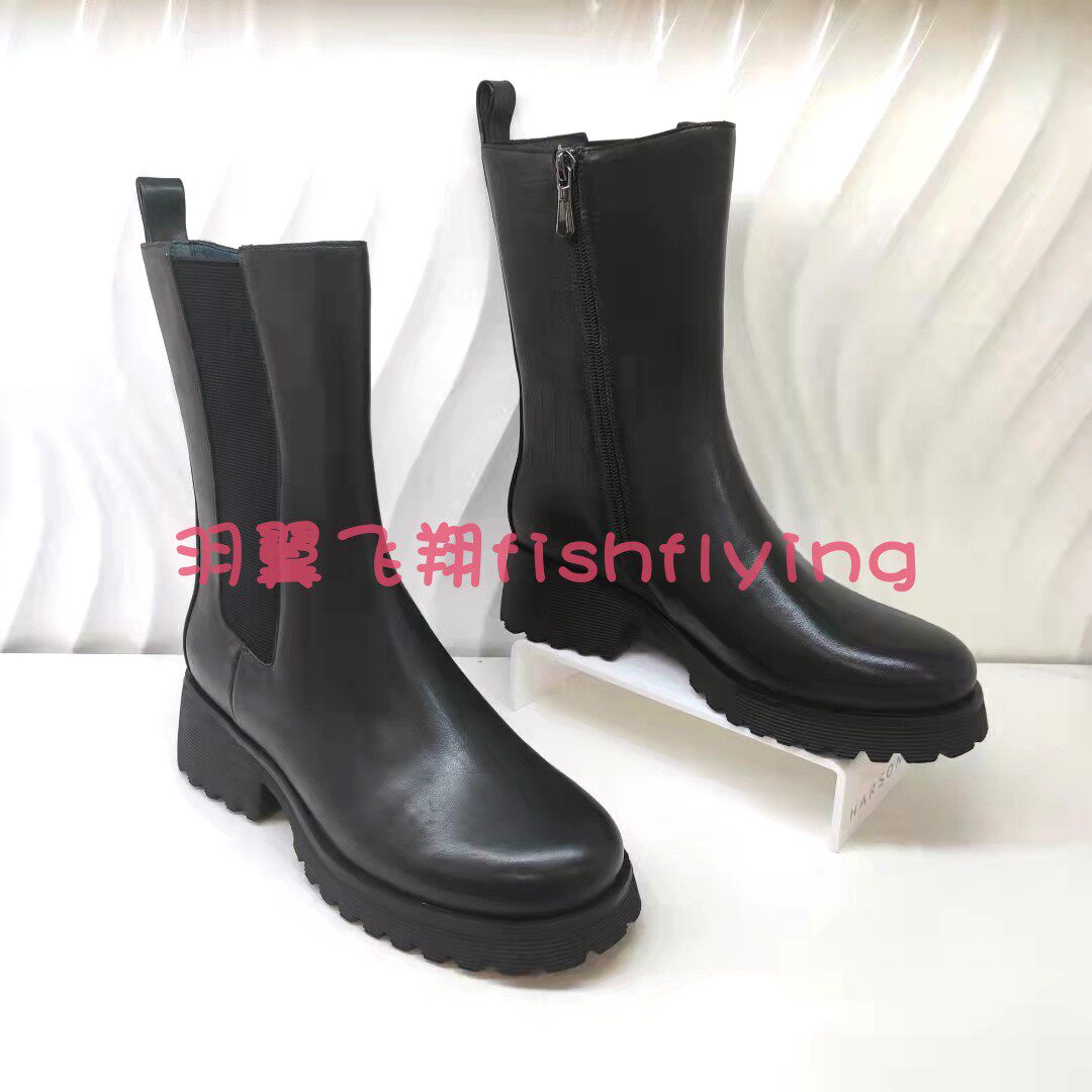 KA12911卡迪娜专柜正品断码冬靴方跟厚底中筒切尔西女靴白咖拼色