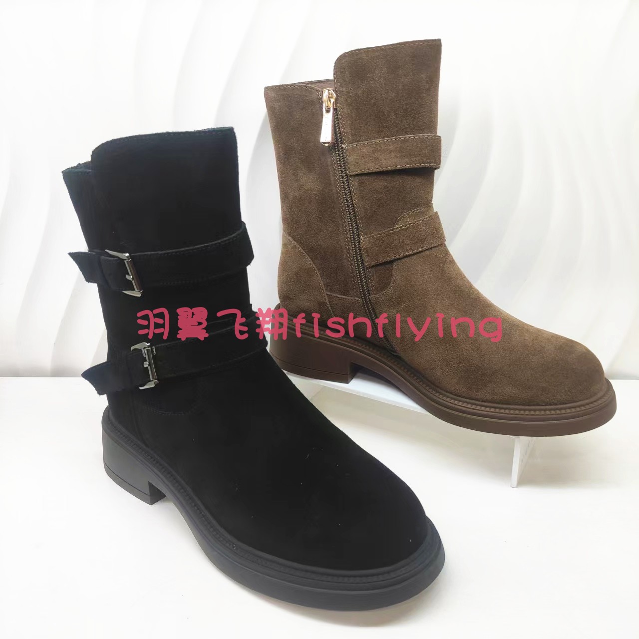 HA247155正品Harson/哈森24冬加绒厚底方跟皮带圆头牛剖皮女短靴