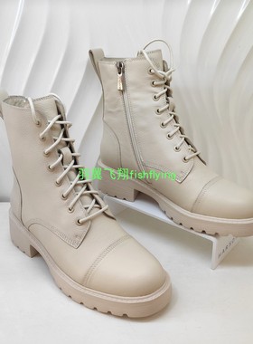 哈森女短靴冬季新平跟圆头时尚休闲系带米白中筒靴马丁靴HA07123