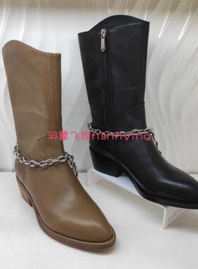 哈森专柜正品尖头侧拉链低方跟断码女中筒靴卡其色牛仔靴HA19208