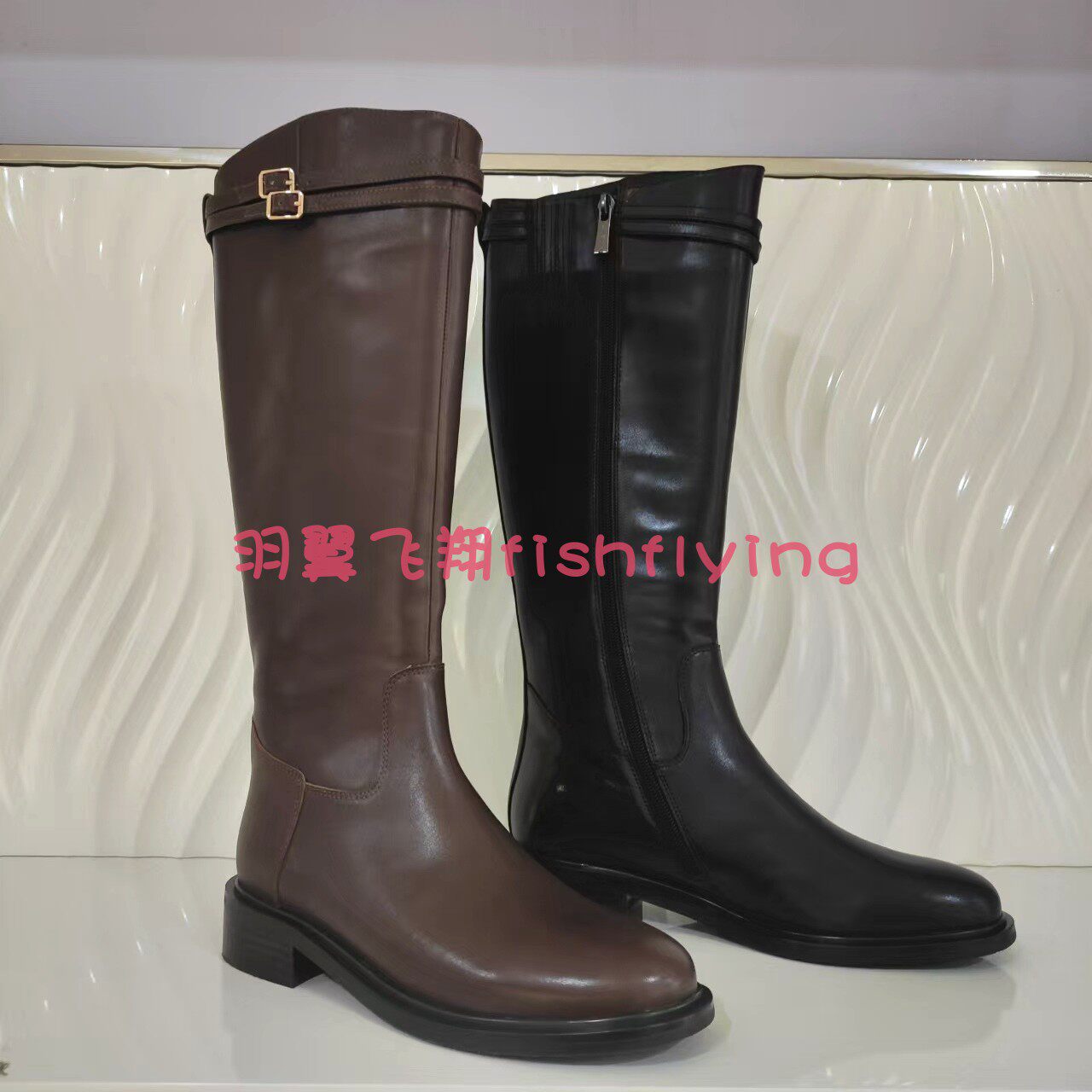 HA249909哈森专柜正品2024冬靴新低方跟时装骑士咖色牛皮女高筒靴
