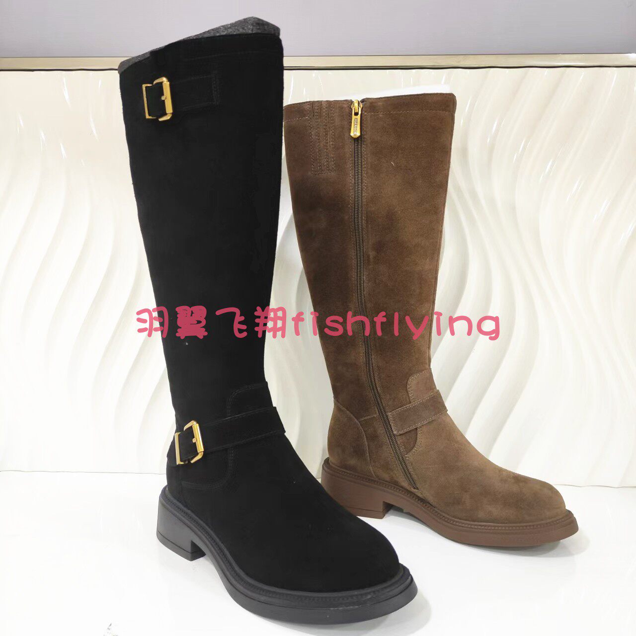 HA247183哈森专柜正品2024冬靴女低方跟厚底皮带扣时装加绒高筒靴