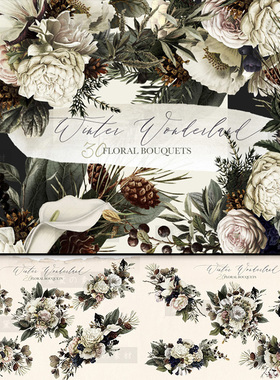 手绘水彩典雅复古风白色花卉花束插画海报DIY设计装饰PNG图片素材