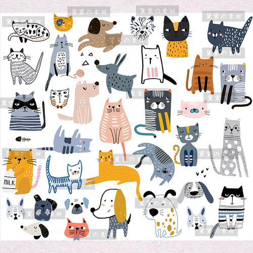 AI手绘可爱卡通猫咪小狗插画图案图形EPS矢量背景PNG图片设计素材 - 封面