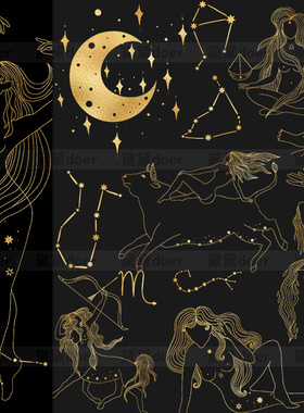 AI矢量手绘烫金神秘月亮女神星座金色黑白色线描平铺PNG素材SVG