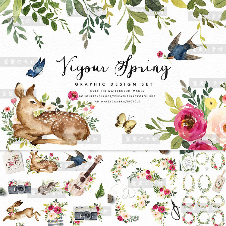 手绘水彩森系动物小鹿兔子燕子吉他花环海报美化设计png素材图片