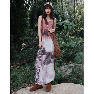 原创设计渐变染色斑驳水墨飘带仿真丝缎面宽松长款吊带连衣裙夏