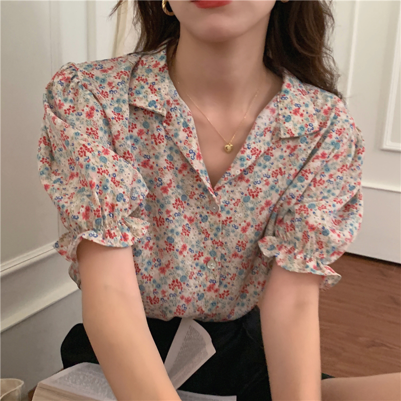 Real price ~ 2021 summer Vintage Floral Shirt women's bubble sleeve fashion cardigan