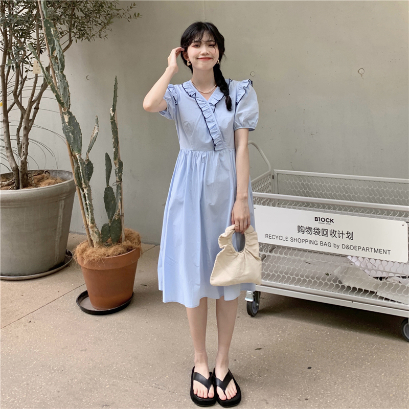 Real price ~ summer chic wood ear edge V-neck mid long skirt waist casual versatile dress