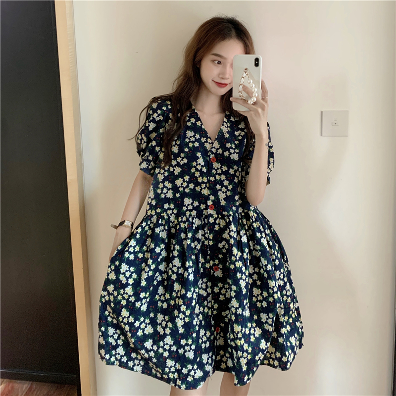 Real price ~ French sweet breasted loose floral skirt waist summer suspender dress