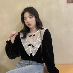 Real photo of foreign style silk screen shirt women's bow and velvet long sleeve women's dress